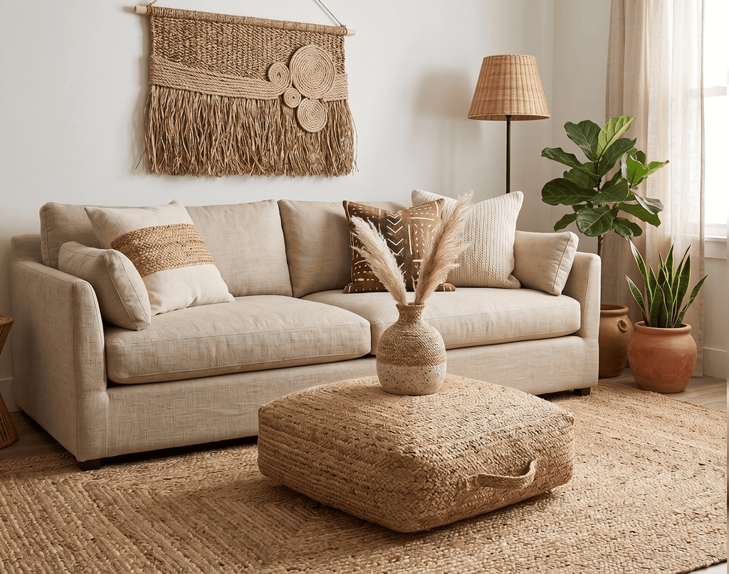 Modern Style Hand Braided Gold Jute Square Pouf
